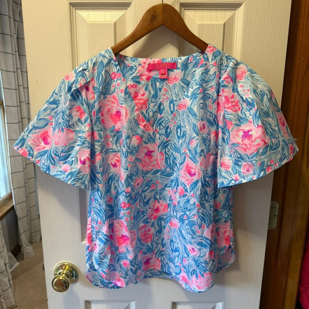 Lilly Pulitzer Ivee Top XS Bondi Blue My Little Peony Cotton Puff Sleeve V-Neck